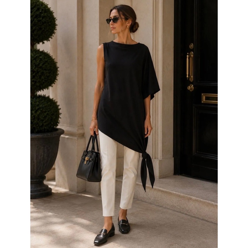 KES Silk Asymmetrical One Shoulder Adjustable Tie Tunic Top Black XS
